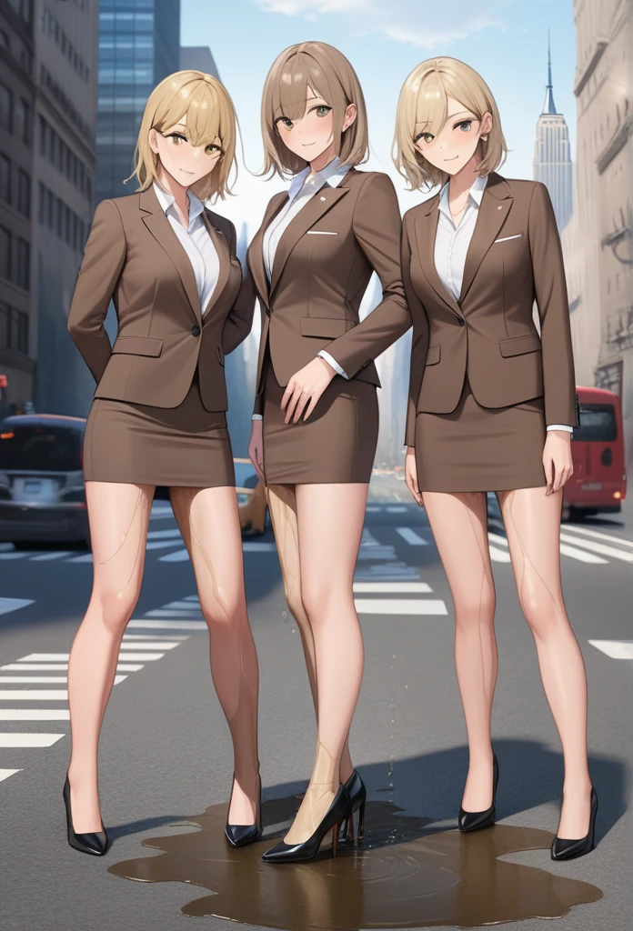 ((best quality)), ((masterpiece)), ((ultra realistic)), (dynamic sexy pose), german, beautiful detailed face, detailed eyes, sexy model, dressed in a brown suit, pencil skirt, new york city backdrop, highly detailed, professional, bare legs, (full body), standing, blonde hair, medium hair, hazel eyes, matching shoes, cowboy shot,wetting herself:2.0),