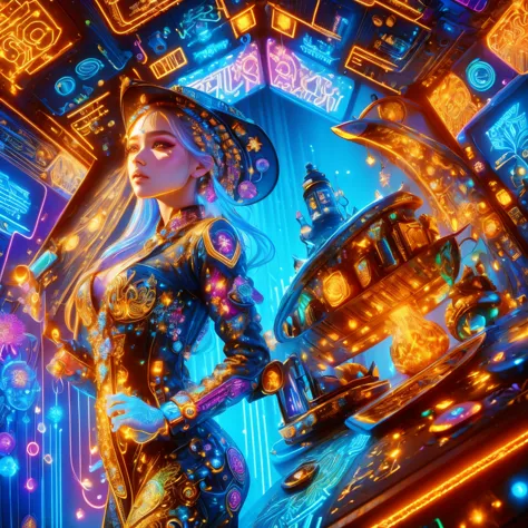 (neon)，circuit board，(1 girl:1.3)，(beautiful girl:1.2)，extremely detaild，(Fractal Art:1.2)，colorfully，the most detailed，(zentang...
