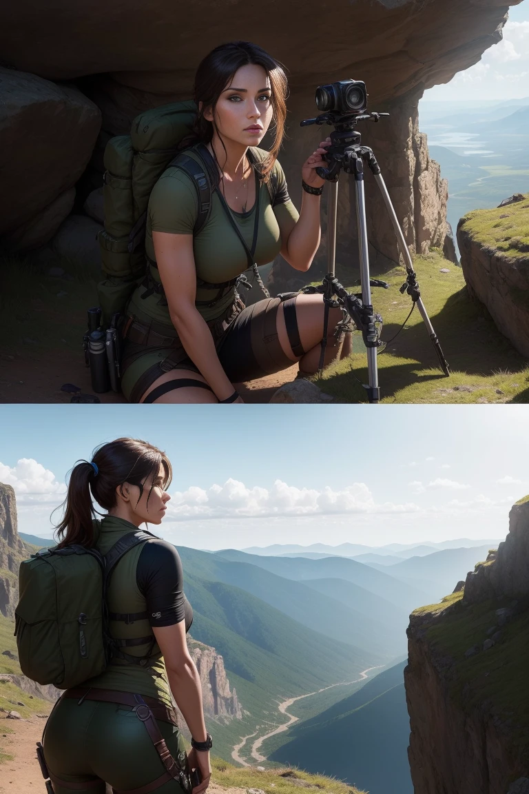 Create an illustration of Lara Croft using modern technology to explore a difficult-to-reach or dangerous area. Lara is in a rugged, remote landscape, possibly a dense jungle or rocky mountain terrain. She is operating a high-tech drone, looking at a tablet or control device to view the live feed from the drone's camera. Around her, there are various pieces of advanced equipment, such as portable cameras, GPS devices, and other tech gadgets. Lara is dressed in her iconic adventure gear, looking focused and determined as she uses the technology to scout the area. The environment should be detailed, with hints of ancient ruins or hidden paths that she is investigating. The overall atmosphere should reflect a blend of adventure, cutting-edge technology, and the thrill of exploration.
