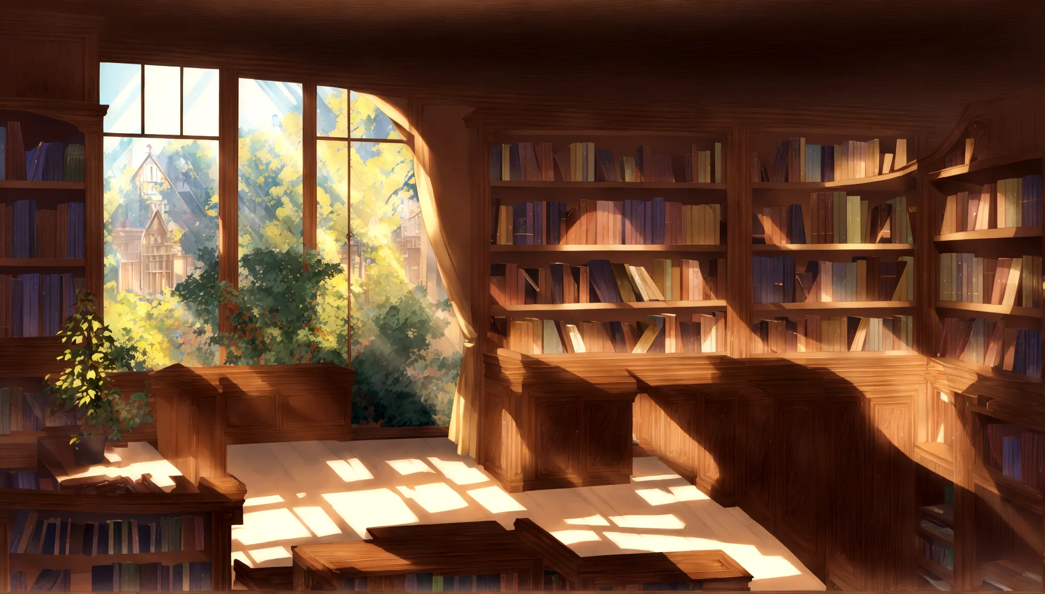 there is a room with a desk, bookshelf, and a window, anime background art, library background, alchemist library background, in...