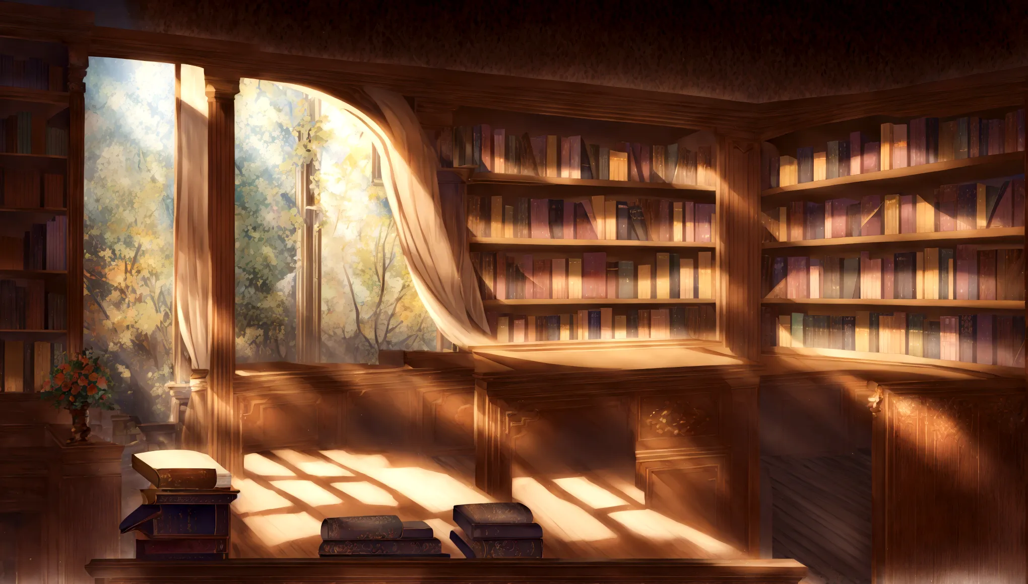 there is a room with a desk, bookshelf, and a window, anime background art, library background, alchemist library background, in...