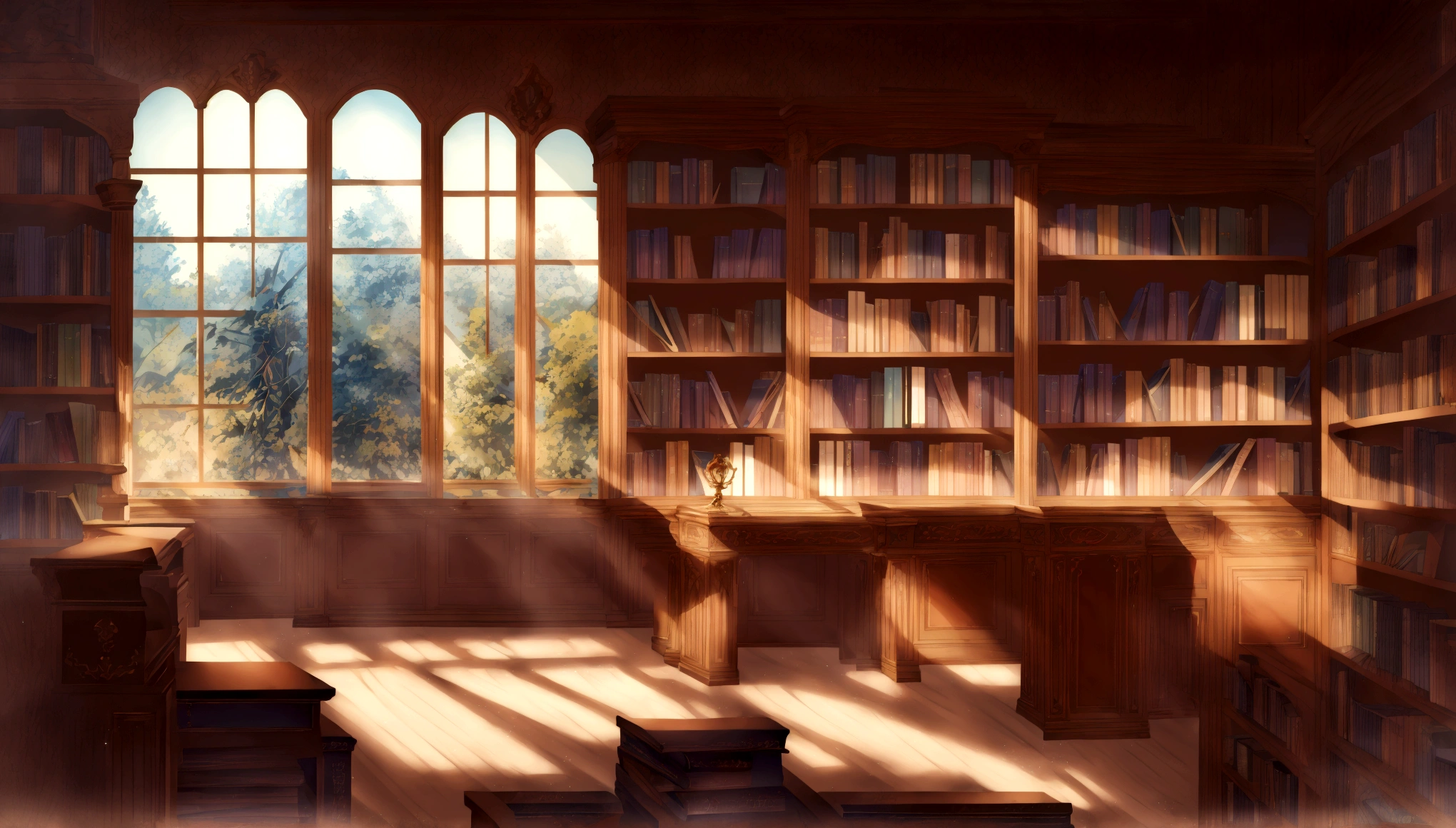 there is a room with a desk, bookshelf, and a window, anime background art, library background, alchemist library background, interior background art, personal room background, relaxing concept art, elegant study, wooden desks with books, studio glibly makoto shinkai, anime scenery concept art, library interior background, style of madhouse studio anime, fancy library