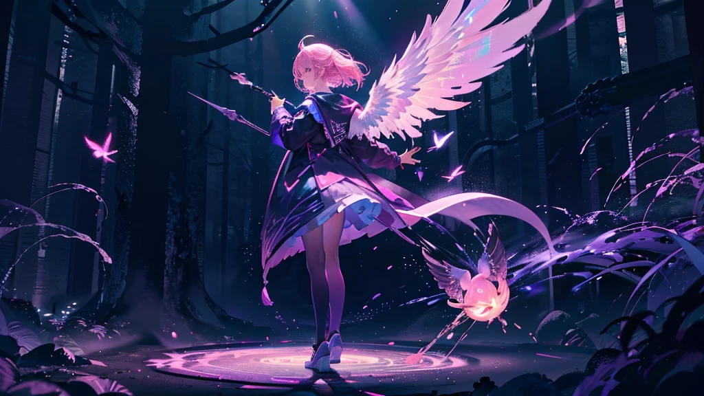 a girl turned away and held a magic wand in the air, the magic wand sends a pink beam of light into the sky, Background a dense and magical forest with several winged creatures, die HD High Deftion TRUE COLOR 4k Hyper Color Neon beobachten