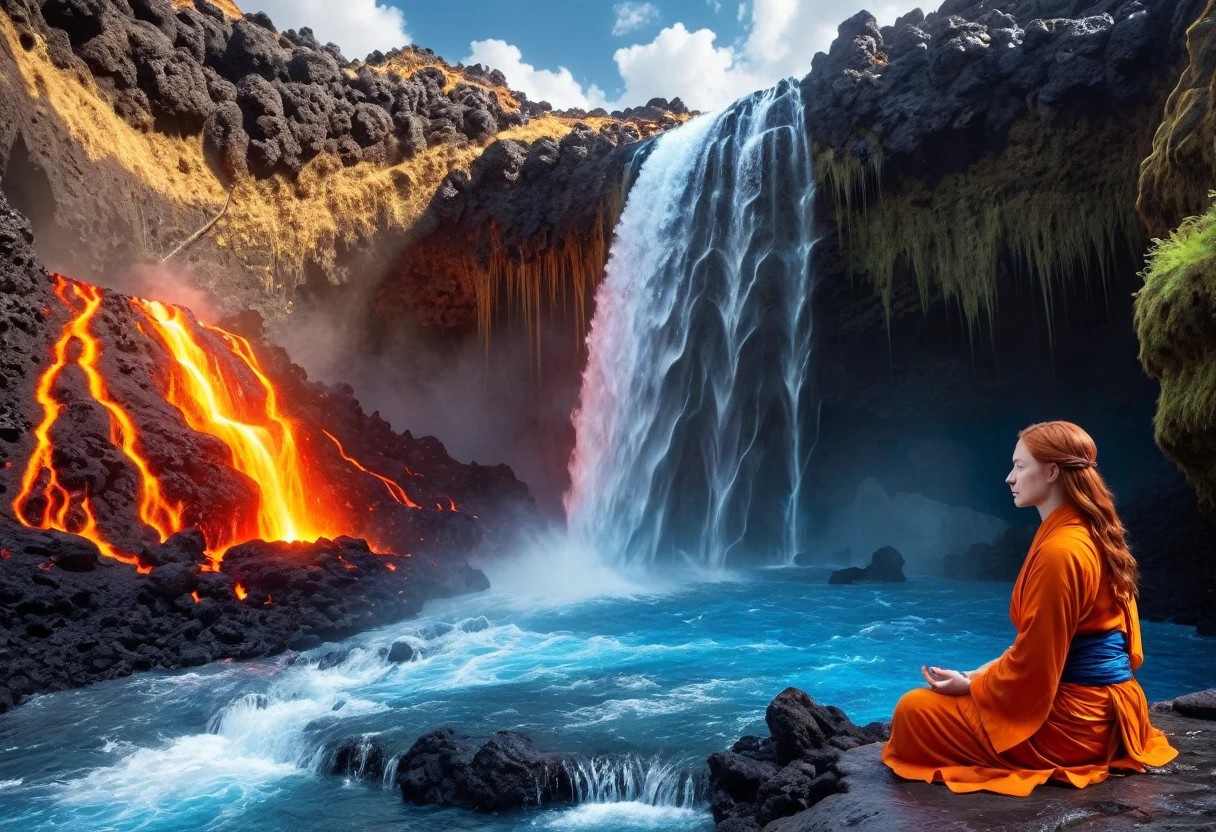  picture of a (female monk: 1.2) sitting and meditating near a bonfire at the base of the waterfall, there is a human woman monk wearing monk garbs,  red hair, long hair, full body (best details, Masterpiece, best quality :1.5), ultra detailed face (best details, Masterpiece, best quality :1.5), ultra feminine (best details, Masterpiece, best quality :1.5), exquisite beautiful (best details, Masterpiece, best quality :1.5) red hair, long hair, wavy hair, pale skin, blue eyes, intense eyes, an (epic sized waterfall: 1.3), water coming down from a volcanic cliff, multi level water falls, several pools created in different levels, forming new waterfalls, water cascading into a (large lava pool: 1.3) steam rising, clear water in many hues of blue and azure, fantasy art, photorealistic, D&D art,  (masterpiece: 1.4) intense details, highly detailed, photorealistic, best quality, highres,16k, [ultra detailed], masterpiece, best quality, (extremely detailed), close up, ultra wide shot, photorealistic, RAW, fantasy art, dnd art, fantasy art, realistic art,((best quality)), ((masterpiece)), (detailed: 1.5) faize, 