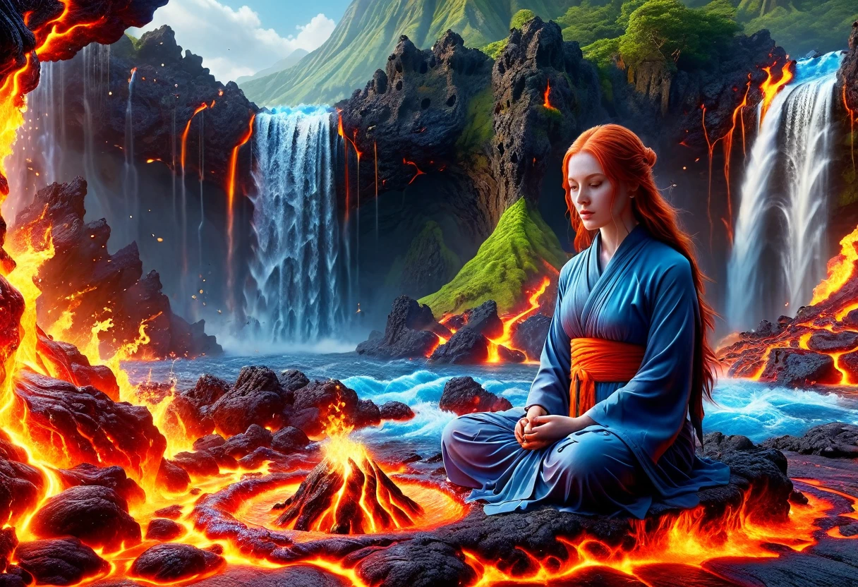  picture of a (female monk: 1.2) sitting and meditating near a bonfire at the base of the waterfall, there is a human woman monk wearing monk garbs,  red hair, long hair, full body (best details, Masterpiece, best quality :1.5), ultra detailed face (best details, Masterpiece, best quality :1.5), ultra feminine (best details, Masterpiece, best quality :1.5), exquisite beautiful (best details, Masterpiece, best quality :1.5) red hair, long hair, wavy hair, pale skin, blue eyes, intense eyes, an (epic sized waterfall: 1.3), water coming down from a volcanic cliff, multi level water falls, several pools created in different levels, forming new waterfalls, water cascading into a (large lava pool: 1.3) steam rising, clear water in many hues of blue and azure, fantasy art, photorealistic, D&D art,  (masterpiece: 1.4) intense details, highly detailed, photorealistic, best quality, highres,16k, [ultra detailed], masterpiece, best quality, (extremely detailed), close up, ultra wide shot, photorealistic, RAW, fantasy art, dnd art, fantasy art, realistic art,((best quality)), ((masterpiece)), (detailed: 1.5) faize, ral-lava