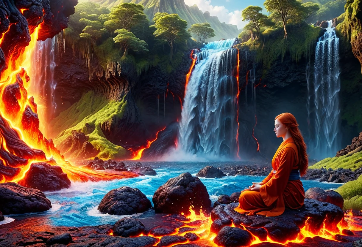  picture of a (female monk: 1.2) sitting and meditating near a bonfire at the base of the waterfall, there is a human woman monk wearing monk garbs,  red hair, long hair, full body (best details, Masterpiece, best quality :1.5), ultra detailed face (best details, Masterpiece, best quality :1.5), ultra feminine (best details, Masterpiece, best quality :1.5), exquisite beautiful (best details, Masterpiece, best quality :1.5) red hair, long hair, wavy hair, pale skin, blue eyes, intense eyes, an (epic sized waterfall: 1.3), water coming down from a volcanic cliff, multi level water falls, several pools created in different levels, forming new waterfalls, water cascading into a (large lava pool: 1.3) steam rising, clear water in many hues of blue and azure, fantasy art, photorealistic, D&D art,  (masterpiece: 1.4) intense details, highly detailed, photorealistic, best quality, highres,16k, [ultra detailed], masterpiece, best quality, (extremely detailed), close up, ultra wide shot, photorealistic, RAW, fantasy art, dnd art, fantasy art, realistic art,((best quality)), ((masterpiece)), (detailed: 1.5) faize, ral-lava