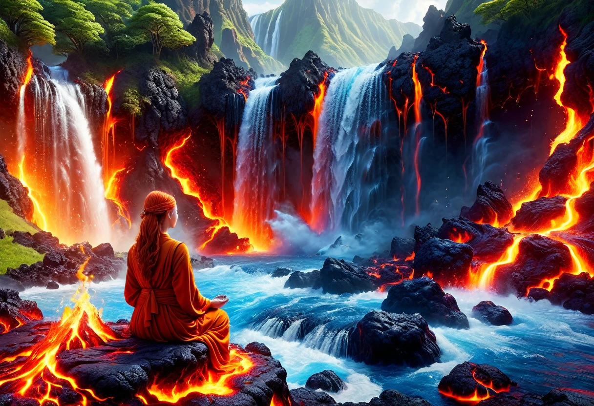  picture of a (female monk: 1.2) sitting and meditating near a bonfire at the base of the waterfall, there is a human woman monk wearing monk garbs,  red hair, long hair, full body (best details, Masterpiece, best quality :1.5), ultra detailed face (best details, Masterpiece, best quality :1.5), ultra feminine (best details, Masterpiece, best quality :1.5), exquisite beautiful (best details, Masterpiece, best quality :1.5) red hair, long hair, wavy hair, pale skin, blue eyes, intense eyes, an (epic sized waterfall: 1.3), water coming down from a volcanic cliff, multi level water falls, several pools created in different levels, forming new waterfalls, water cascading into a (large lava pool: 1.3) steam rising, clear water in many hues of blue and azure, fantasy art, photorealistic, D&D art,  (masterpiece: 1.4) intense details, highly detailed, photorealistic, best quality, highres,16k, [ultra detailed], masterpiece, best quality, (extremely detailed), close up, ultra wide shot, photorealistic, RAW, fantasy art, dnd art, fantasy art, realistic art,((best quality)), ((masterpiece)), (detailed: 1.5) faize, ral-lava