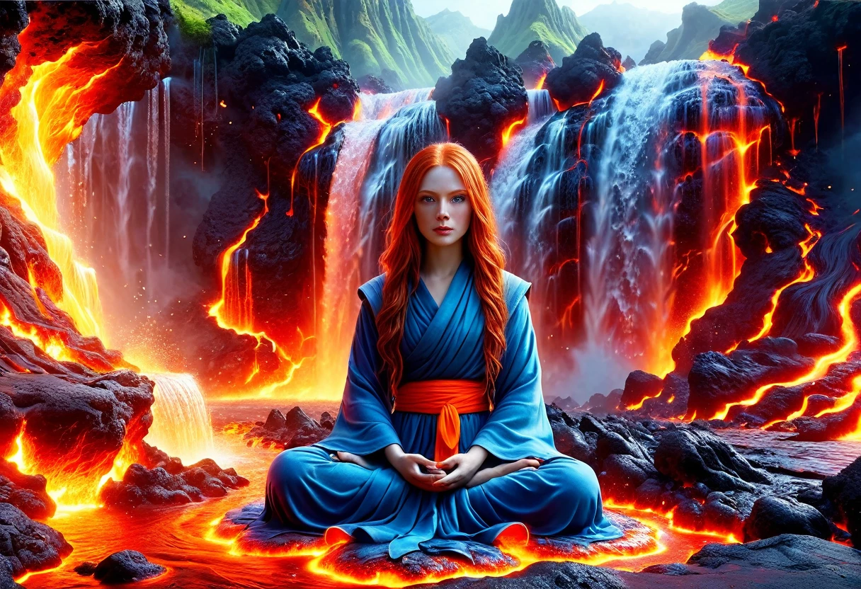  picture of a (female monk: 1.2) sitting and meditating near a bonfire at the base of the waterfall, there is a human woman monk wearing monk garbs,  red hair, long hair, full body (best details, Masterpiece, best quality :1.5), ultra detailed face (best details, Masterpiece, best quality :1.5), ultra feminine (best details, Masterpiece, best quality :1.5), exquisite beautiful (best details, Masterpiece, best quality :1.5) red hair, long hair, wavy hair, pale skin, blue eyes, intense eyes, an (epic sized waterfall: 1.3), water coming down from a volcanic cliff, multi level water falls, several pools created in different levels, forming new waterfalls, water cascading into a (large lava pool: 1.3) steam rising, clear water in many hues of blue and azure, fantasy art, photorealistic, D&D art,  (masterpiece: 1.4) intense details, highly detailed, photorealistic, best quality, highres,16k, [ultra detailed], masterpiece, best quality, (extremely detailed), close up, ultra wide shot, photorealistic, RAW, fantasy art, dnd art, fantasy art, realistic art,((best quality)), ((masterpiece)), (detailed: 1.5) faize, ral-lava