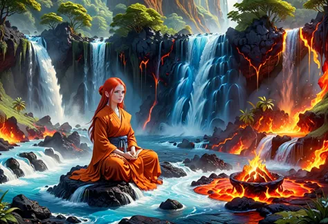  picture of a (female monk: 1.2) sitting and meditating near a bonfire at the base of the waterfall, there is a human woman monk...