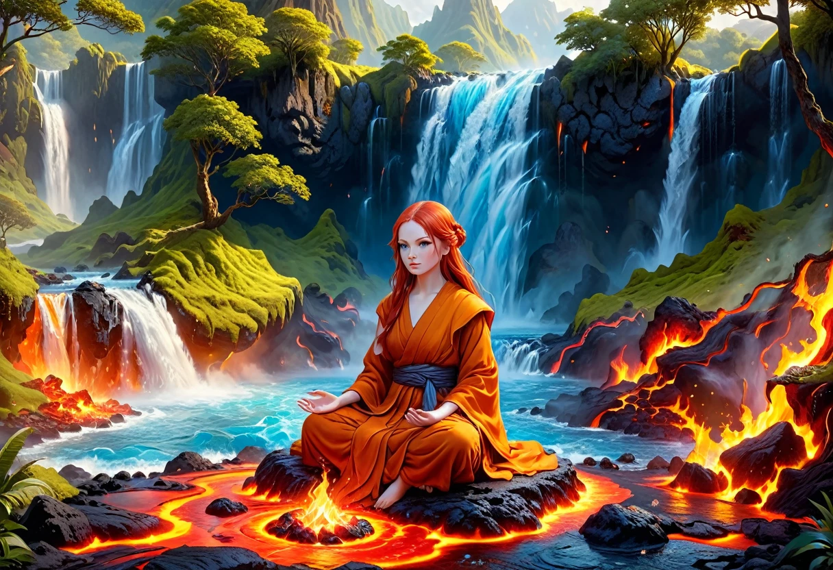  picture of a (female monk: 1.2) sitting and meditating near a bonfire at the base of the waterfall, there is a human woman monk wearing monk garbs,  red hair, long hair, full body (best details, Masterpiece, best quality :1.5), ultra detailed face (best details, Masterpiece, best quality :1.5), ultra feminine (best details, Masterpiece, best quality :1.5), exquisite beautiful (best details, Masterpiece, best quality :1.5) red hair, long hair, wavy hair, pale skin, blue eyes, intense eyes, an (epic sized waterfall: 1.3), water coming down from a volcanic cliff, multi level water falls, several pools created in different levels, forming new waterfalls, water cascading into a (large lava pool: 1.3) steam rising, clear water in many hues of blue and azure, fantasy art, photorealistic, D&D art,  (masterpiece: 1.4) intense details, highly detailed, photorealistic, best quality, highres,16k, [ultra detailed], masterpiece, best quality, (extremely detailed), close up, ultra wide shot, photorealistic, RAW, fantasy art, dnd art, fantasy art, realistic art,((best quality)), ((masterpiece)), (detailed: 1.5) faize, ral-lava