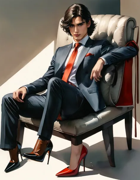 He is sitting with his heels suspended and resting on the chair.