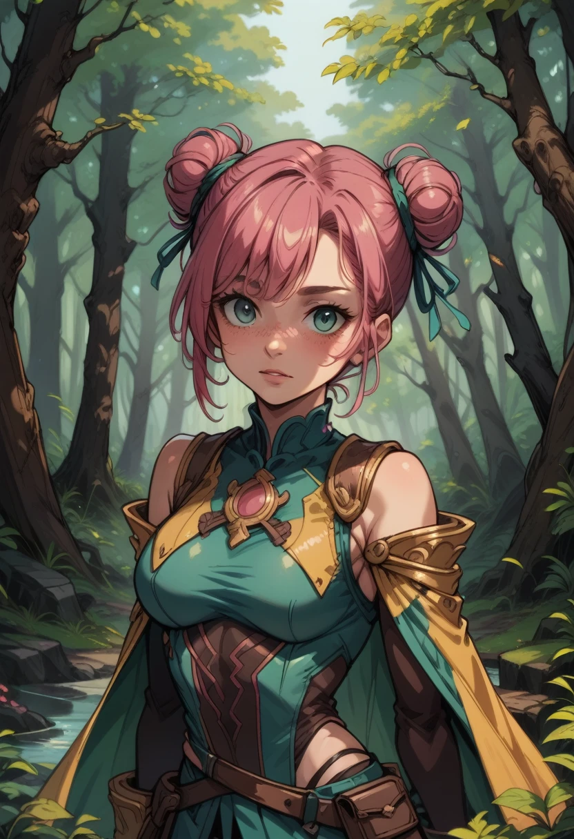 double bun pink hair in a forest