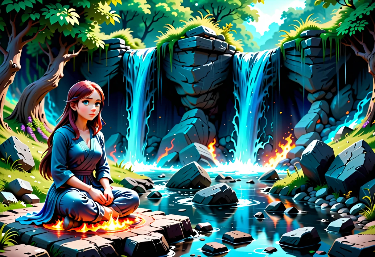  picture of a (female monk: 1.2) sitting and meditating near a bonfire at the base of the waterfall, there is a human woman monk wearing monk garbs,  red hair, long hair, full body (best details, Masterpiece, best quality :1.5), ultra detailed face (best details, Masterpiece, best quality :1.5), ultra feminine (best details, Masterpiece, best quality :1.5), exquisite beautiful (best details, Masterpiece, best quality :1.5) red hair, long hair, wavy hair, pale skin, blue eyes, intense eyes, an (epic sized waterfall: 1.3), water coming down from a volcanic cliff, multi level water falls, several pools created in different levels, forming new waterfalls, water cascading into a (large lava pool: 1.3) steam rising, clear water in many hues of blue and azure, fantasy art, photorealistic, D&D art,  (masterpiece: 1.4) intense details, highly detailed, photorealistic, best quality, highres,16k, [ultra detailed], masterpiece, best quality, (extremely detailed), close up, ultra wide shot, photorealistic, RAW, fantasy art, dnd art, fantasy art, realistic art,((best quality)), ((masterpiece)), (detailed: 1.5) faize, ral-lava