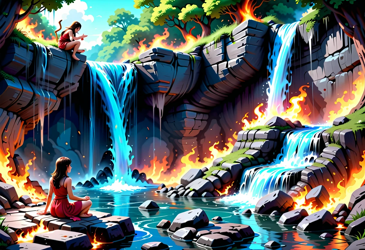  picture of a (female monk: 1.2) sitting and meditating near a bonfire at the base of the waterfall, there is a human woman monk wearing monk garbs,  red hair, long hair, full body (best details, Masterpiece, best quality :1.5), ultra detailed face (best details, Masterpiece, best quality :1.5), ultra feminine (best details, Masterpiece, best quality :1.5), exquisite beautiful (best details, Masterpiece, best quality :1.5) red hair, long hair, wavy hair, pale skin, blue eyes, intense eyes, an (epic sized waterfall: 1.3), water coming down from a volcanic cliff, multi level water falls, several pools created in different levels, forming new waterfalls, water cascading into a (large lava pool: 1.3) steam rising, clear water in many hues of blue and azure, fantasy art, photorealistic, D&D art,  (masterpiece: 1.4) intense details, highly detailed, photorealistic, best quality, highres,16k, [ultra detailed], masterpiece, best quality, (extremely detailed), close up, ultra wide shot, photorealistic, RAW, fantasy art, dnd art, fantasy art, realistic art,((best quality)), ((masterpiece)), (detailed: 1.5) faize, ral-lava