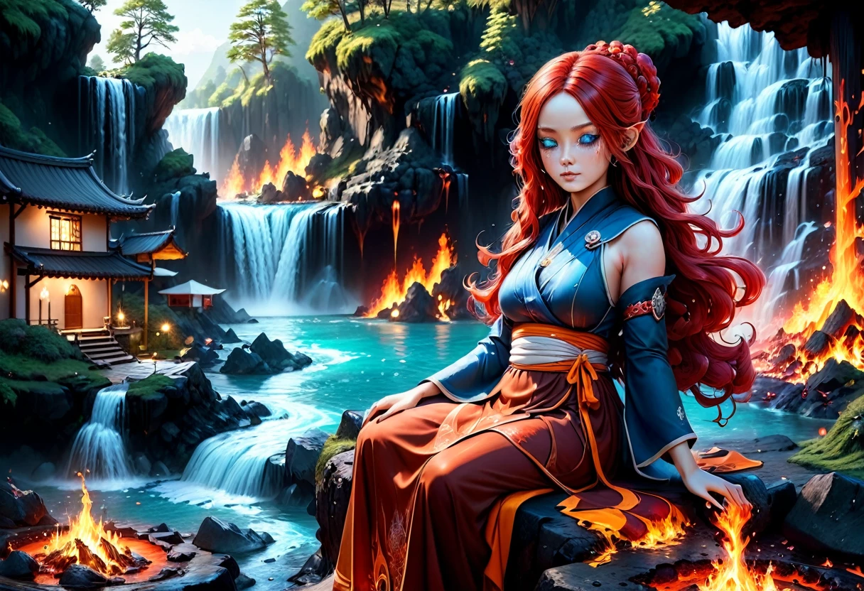  picture of a (female monk: 1.2) sitting and meditating near a bonfire at the base of the waterfall, there is a human woman monk wearing monk garbs,  red hair, long hair, full body (best details, Masterpiece, best quality :1.5), ultra detailed face (best details, Masterpiece, best quality :1.5), ultra feminine (best details, Masterpiece, best quality :1.5), exquisite beautiful (best details, Masterpiece, best quality :1.5) red hair, long hair, wavy hair, pale skin, blue eyes, intense eyes, an (epic sized waterfall: 1.3), water coming down from a volcanic cliff, multi level water falls, several pools created in different levels, forming new waterfalls, water cascading into a (large lava pool: 1.3) steam rising, clear water in many hues of blue and azure, fantasy art, photorealistic, D&D art,  (masterpiece: 1.4) intense details, highly detailed, photorealistic, best quality, highres,16k, [ultra detailed], masterpiece, best quality, (extremely detailed), close up, ultra wide shot, photorealistic, RAW, fantasy art, dnd art, fantasy art, realistic art,((best quality)), ((masterpiece)), (detailed: 1.5) faize, ral-lava