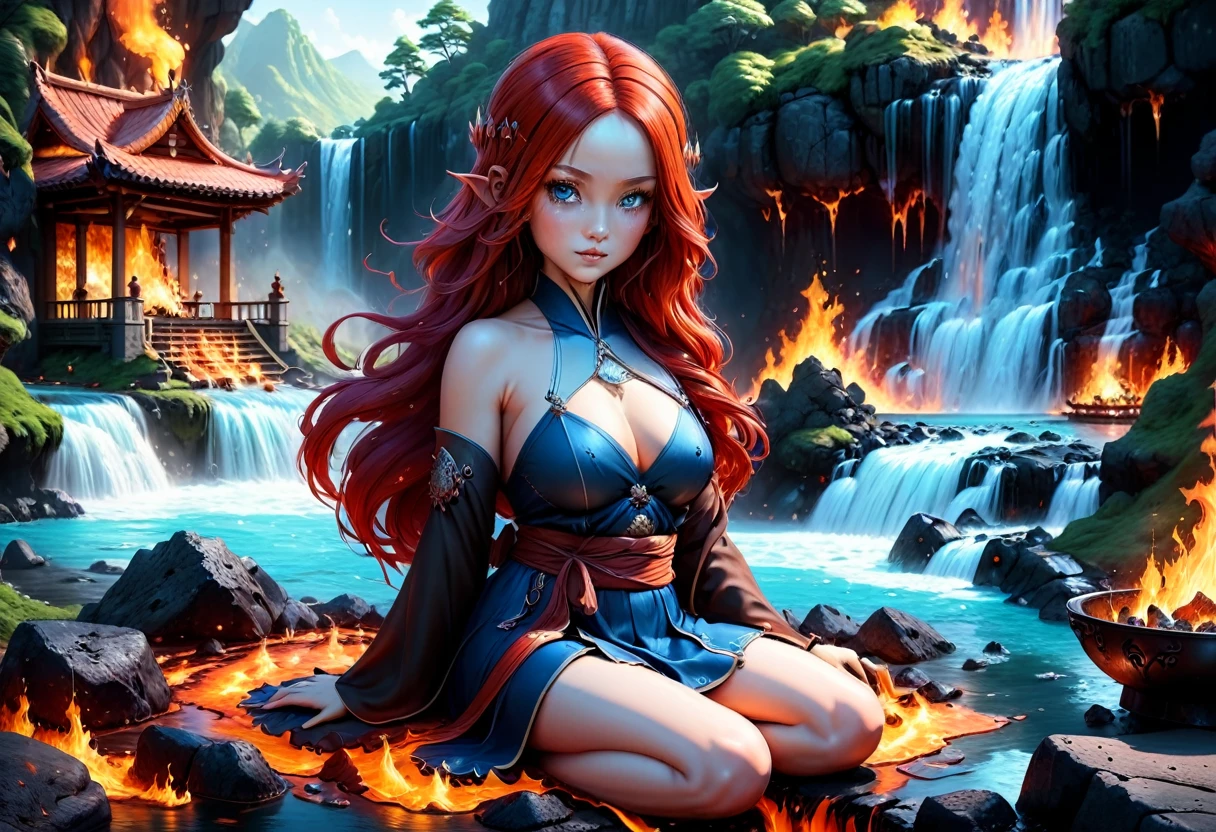  picture of a (female monk: 1.2) sitting and meditating near a bonfire at the base of the waterfall, there is a human woman monk wearing monk garbs,  red hair, long hair, full body (best details, Masterpiece, best quality :1.5), ultra detailed face (best details, Masterpiece, best quality :1.5), ultra feminine (best details, Masterpiece, best quality :1.5), exquisite beautiful (best details, Masterpiece, best quality :1.5) red hair, long hair, wavy hair, pale skin, blue eyes, intense eyes, an (epic sized waterfall: 1.3), water coming down from a volcanic cliff, multi level water falls, several pools created in different levels, forming new waterfalls, water cascading into a (large lava pool: 1.3) steam rising, clear water in many hues of blue and azure, fantasy art, photorealistic, D&D art,  (masterpiece: 1.4) intense details, highly detailed, photorealistic, best quality, highres,16k, [ultra detailed], masterpiece, best quality, (extremely detailed), close up, ultra wide shot, photorealistic, RAW, fantasy art, dnd art, fantasy art, realistic art,((best quality)), ((masterpiece)), (detailed: 1.5) faize, ral-lava