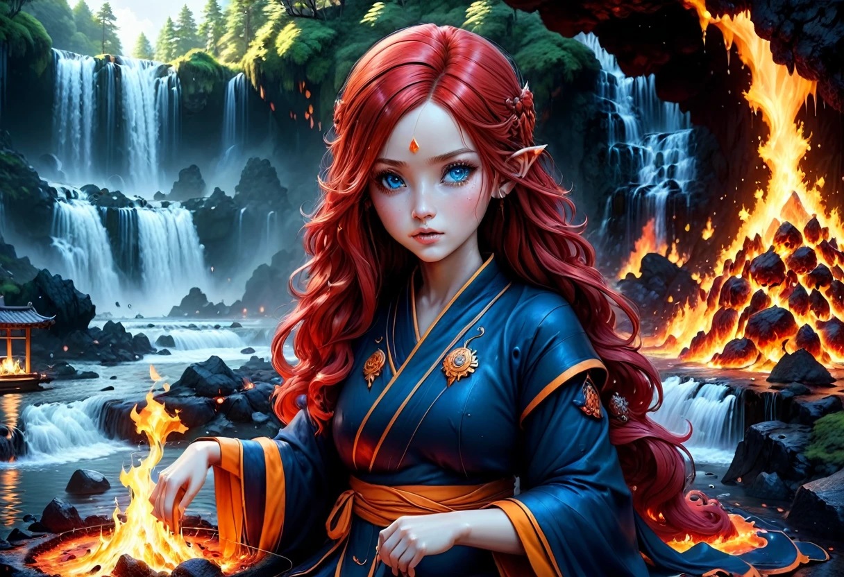  picture of a (female monk: 1.2) sitting and meditating near a bonfire at the base of the waterfall, there is a human woman monk wearing monk garbs,  red hair, long hair, full body (best details, Masterpiece, best quality :1.5), ultra detailed face (best details, Masterpiece, best quality :1.5), ultra feminine (best details, Masterpiece, best quality :1.5), exquisite beautiful (best details, Masterpiece, best quality :1.5) red hair, long hair, wavy hair, pale skin, blue eyes, intense eyes, an (epic sized waterfall: 1.3), water coming down from a volcanic cliff, multi level water falls, several pools created in different levels, forming new waterfalls, water cascading into a (large lava pool: 1.3) steam rising, clear water in many hues of blue and azure, fantasy art, photorealistic, D&D art,  (masterpiece: 1.4) intense details, highly detailed, photorealistic, best quality, highres,16k, [ultra detailed], masterpiece, best quality, (extremely detailed), close up, ultra wide shot, photorealistic, RAW, fantasy art, dnd art, fantasy art, realistic art,((best quality)), ((masterpiece)), (detailed: 1.5) faize, ral-lava