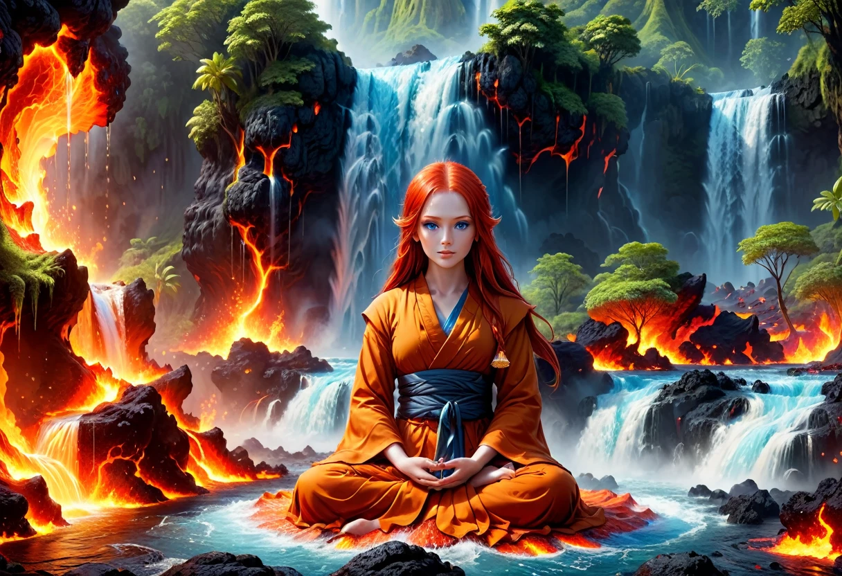  picture of a (female monk: 1.2) sitting and meditating near a bonfire at the base of the waterfall, there is a human woman monk wearing monk garbs,  red hair, long hair, full body (best details, Masterpiece, best quality :1.5), ultra detailed face (best details, Masterpiece, best quality :1.5), ultra feminine (best details, Masterpiece, best quality :1.5), exquisite beautiful (best details, Masterpiece, best quality :1.5) red hair, long hair, wavy hair, pale skin, blue eyes, intense eyes, an (epic sized waterfall: 1.3), water coming down from a volcanic cliff, multi level water falls, several pools created in different levels, forming new waterfalls, water cascading into a (large lava pool: 1.3) steam rising, clear water in many hues of blue and azure, fantasy art, photorealistic, D&D art,  (masterpiece: 1.4) intense details, highly detailed, photorealistic, best quality, highres,16k, [ultra detailed], masterpiece, best quality, (extremely detailed), close up, ultra wide shot, photorealistic, RAW, fantasy art, dnd art, fantasy art, realistic art,((best quality)), ((masterpiece)), (detailed: 1.5) faize, ral-lava