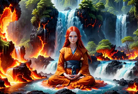  picture of a (female monk: 1.2) sitting and meditating near a bonfire at the base of the waterfall, there is a human woman monk...