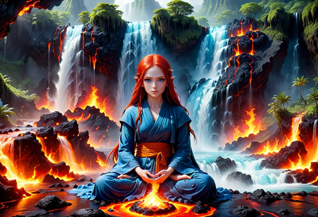  picture of a (female monk: 1.2) sitting and meditating near a bonfire at the base of the waterfall, there is a human woman monk wearing monk garbs,  red hair, long hair, full body (best details, Masterpiece, best quality :1.5), ultra detailed face (best details, Masterpiece, best quality :1.5), ultra feminine (best details, Masterpiece, best quality :1.5), exquisite beautiful (best details, Masterpiece, best quality :1.5) red hair, long hair, wavy hair, pale skin, blue eyes, intense eyes, an (epic sized waterfall: 1.3), water coming down from a volcanic cliff, multi level water falls, several pools created in different levels, forming new waterfalls, water cascading into a (large lava pool: 1.3) steam rising, clear water in many hues of blue and azure, fantasy art, photorealistic, D&D art,  (masterpiece: 1.4) intense details, highly detailed, photorealistic, best quality, highres,16k, [ultra detailed], masterpiece, best quality, (extremely detailed), close up, ultra wide shot, photorealistic, RAW, fantasy art, dnd art, fantasy art, realistic art,((best quality)), ((masterpiece)), (detailed: 1.5) faize, ral-lava