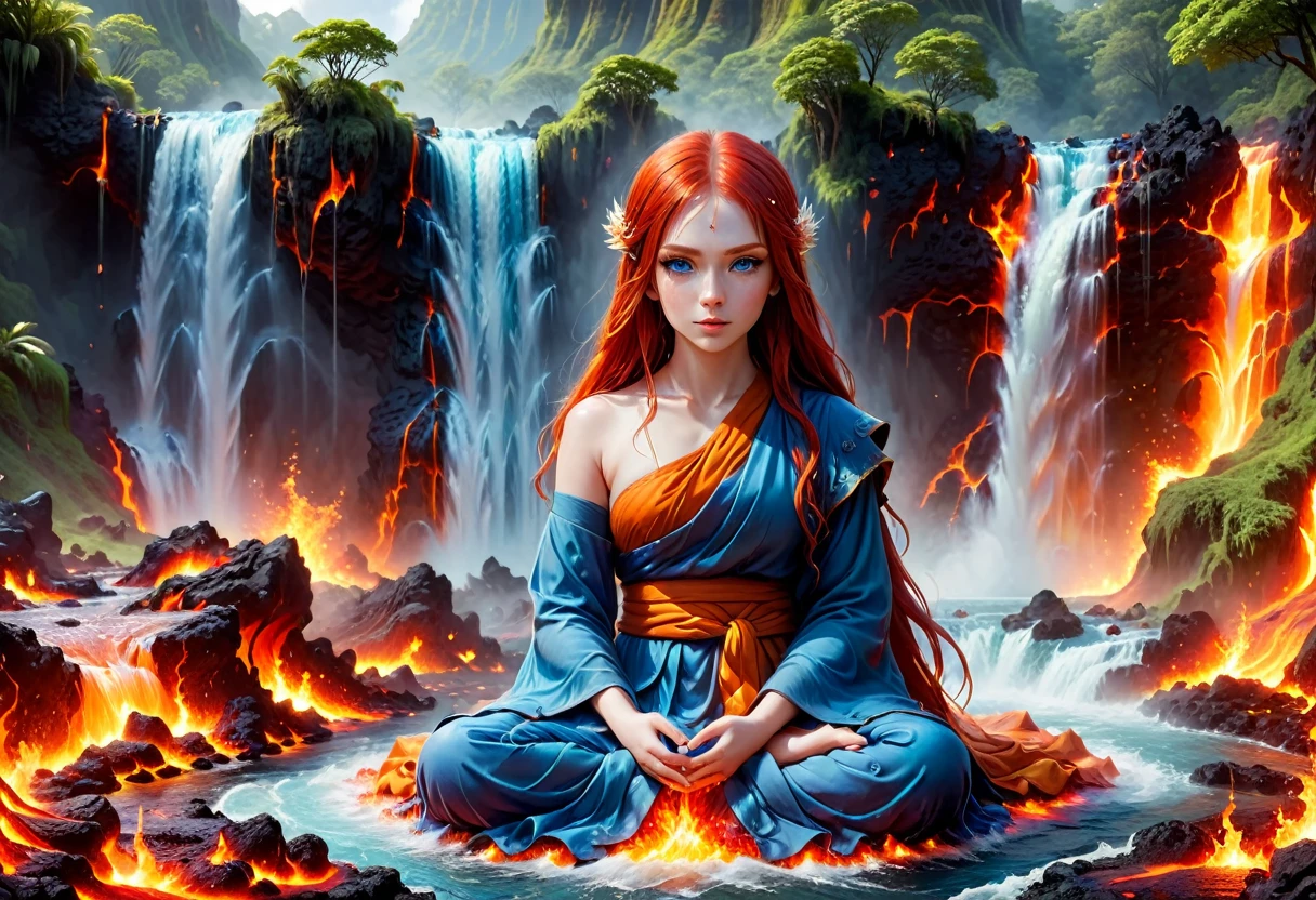  picture of a (female monk: 1.2) sitting and meditating near a bonfire at the base of the waterfall, there is a human woman monk wearing monk garbs,  red hair, long hair, full body (best details, Masterpiece, best quality :1.5), ultra detailed face (best details, Masterpiece, best quality :1.5), ultra feminine (best details, Masterpiece, best quality :1.5), exquisite beautiful (best details, Masterpiece, best quality :1.5) red hair, long hair, wavy hair, pale skin, blue eyes, intense eyes, an (epic sized waterfall: 1.3), water coming down from a volcanic cliff, multi level water falls, several pools created in different levels, forming new waterfalls, water cascading into a (large lava pool: 1.3) steam rising, clear water in many hues of blue and azure, fantasy art, photorealistic, D&D art,  (masterpiece: 1.4) intense details, highly detailed, photorealistic, best quality, highres,16k, [ultra detailed], masterpiece, best quality, (extremely detailed), close up, ultra wide shot, photorealistic, RAW, fantasy art, dnd art, fantasy art, realistic art,((best quality)), ((masterpiece)), (detailed: 1.5) faize, ral-lava