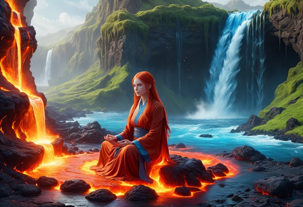  picture of a (female monk: 1.2) sitting and meditating near a bonfire at the base of the waterfall, there is a human woman monk wearing monk garbs,  red hair, long hair, full body (best details, Masterpiece, best quality :1.5), ultra detailed face (best details, Masterpiece, best quality :1.5), ultra feminine (best details, Masterpiece, best quality :1.5), exquisite beautiful (best details, Masterpiece, best quality :1.5) red hair, long hair, wavy hair, pale skin, blue eyes, intense eyes, an (epic sized waterfall: 1.3), water coming down from a volcanic cliff, multi level water falls, several pools created in different levels, forming new waterfalls, water cascading into a (large lava pool: 1.3) steam rising, clear water in many hues of blue and azure, fantasy art, photorealistic, D&D art,  (masterpiece: 1.4) intense details, highly detailed, photorealistic, best quality, highres,16k, [ultra detailed], masterpiece, best quality, (extremely detailed), close up, ultra wide shot, photorealistic, RAW, fantasy art, dnd art, fantasy art, realistic art,((best quality)), ((masterpiece)), (detailed: 1.5) faize, ral-lava