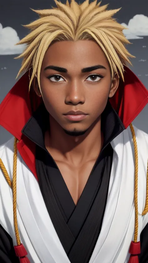 Black man with blonde hair, gray eyes, uses a black vata with drawings of red akatsuki clouds