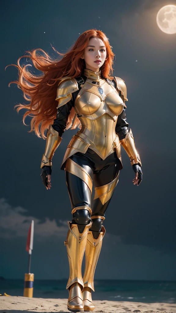 ((best quality)), ((masterpiece)), ((full body photograph)), ultra details armor, ultra details skin, sharp armor texture, crisp picture, indonesian girl, 20 years old, extremely beautiful, slim face, ((full make ups)), ((pink blush)), ((red lips)), ((long wavy orange hair)), ((orange hair)), ((hair blown by strong winds)), ((wearing tight steel-armor)), full steel armor, ((tight latex panty)), ((thighs armor)), ((slim body shape)), ((gold and black armor)), no head cover, ((symmetrical body pose)), epic lights details, night at beach, full of stars, nebula sky, full moon, shooting stars, from below