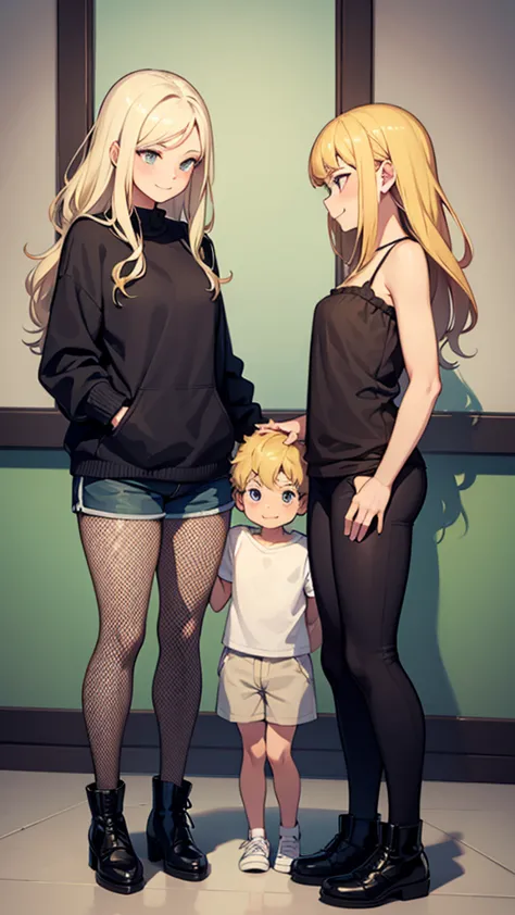 two sexy women looking down at 4 years old boy with blonde hair and shorts, women touch behind of boy's head, women have fluster...