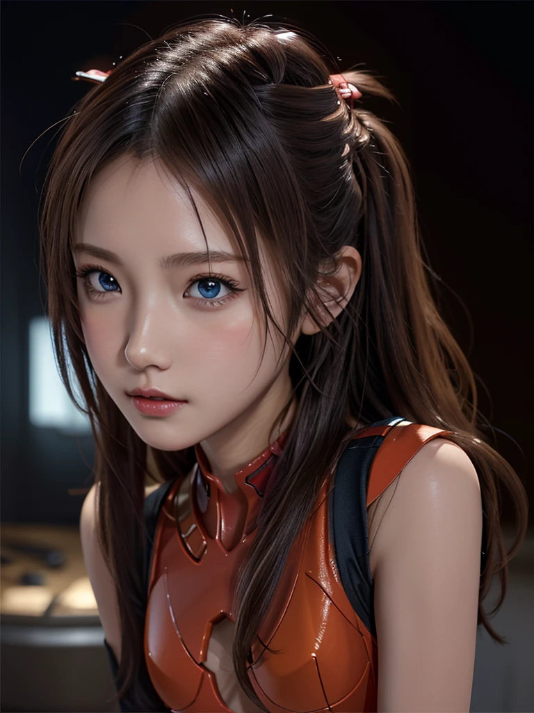 ((Best quality)), ((Masterpiece)), (Details: 1.4), 3D, Asuka Langley Soryu, Asuka, high resolution (high dynamic range), ray tracing, NVIDIA, super resolution, Unreal 5, subsurface scattering ,PBR texturing, post-processing, anisotropic filtering, depth of field, maximum sharpness and sharpness, multi-layered textures, albedo and specular maps, surface shading, accurate simulation of light and matter interaction, perfect proportions ,Octane Rendering,Two-Tone Lighting,Wide Aperture,Low ISO,White Balance,Rule of Thirds,8K RAW,(Masterpiece: 1.4, Best Quality), (Intricate Details), Unity8k Wallpaper, Highly Detailed, Beautiful and Mysterious, Details background, realistic, alone, perfectly detailed face, detailed blue eyes, highly detailed, blush, hair ornament, chignon mahogany hair, (blonde), plug suit 02, Shikinami Asuka Langley, Evangelion, Slender 15-year-old girl, full body suit, black background, above the waist,composition that shows the whole body,