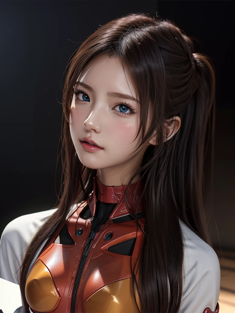 ((Best quality)), ((Masterpiece)), (Details: 1.4), 3D, Asuka Langley Soryu, Asuka, high resolution (high dynamic range), ray tracing, NVIDIA, super resolution, Unreal 5, subsurface scattering ,PBR texturing, post-processing, anisotropic filtering, depth of field, maximum sharpness and sharpness, multi-layered textures, albedo and specular maps, surface shading, accurate simulation of light and matter interaction, perfect proportions ,Octane Rendering,Two-Tone Lighting,Wide Aperture,Low ISO,White Balance,Rule of Thirds,8K RAW,(Masterpiece: 1.4, Best Quality), (Intricate Details), Unity8k Wallpaper, Highly Detailed, Beautiful and Mysterious, Details background, realistic, alone, perfectly detailed face, detailed blue eyes, highly detailed, blush, hair ornament, chignon mahogany hair, (blonde), plug suit 02, Shikinami Asuka Langley, Evangelion, Slender 15-year-old girl, full body suit, black background, above the waist,composition that shows the whole body,