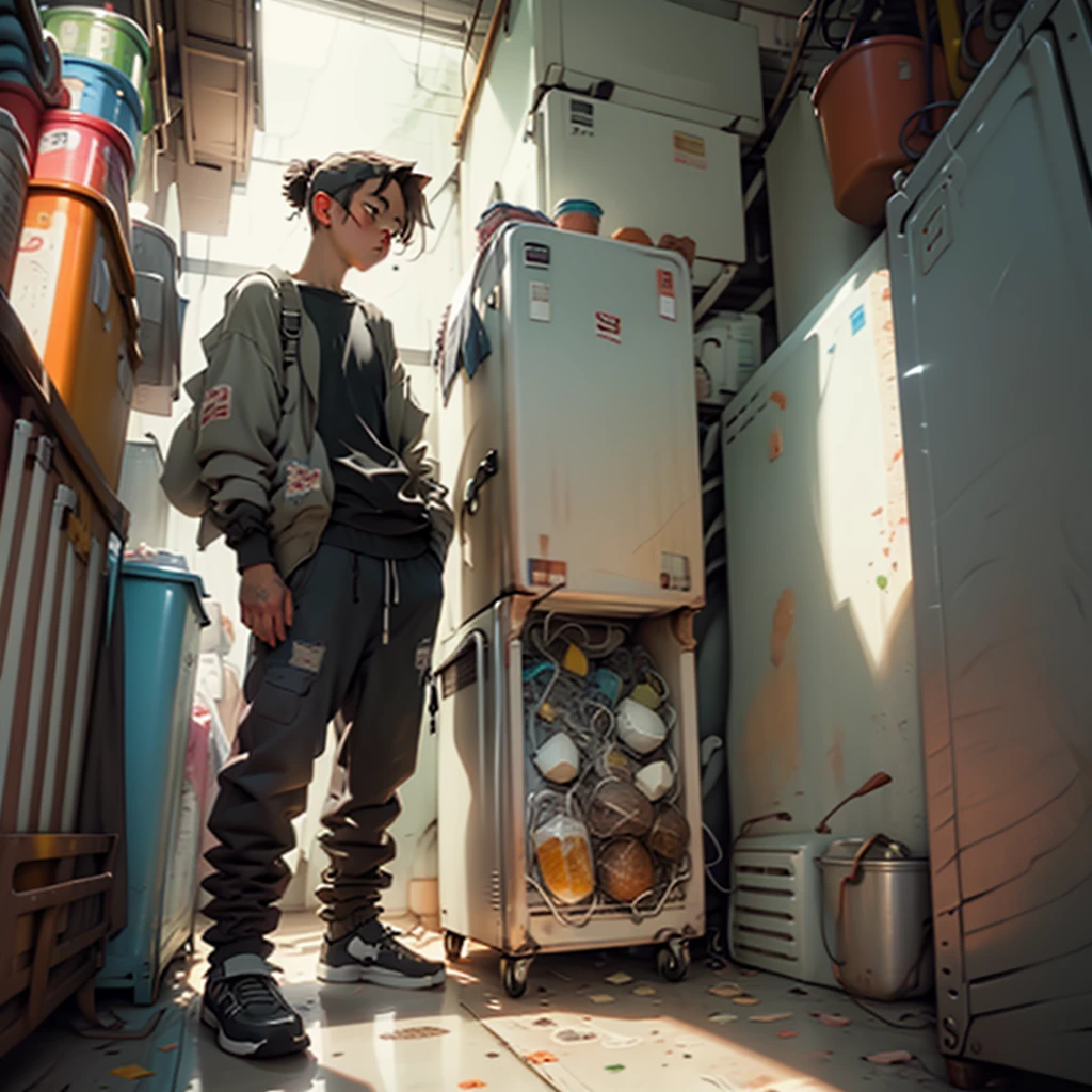 el tipo está parado frente al refrigerador el tipo está en shock el refrigerador esconde helado 