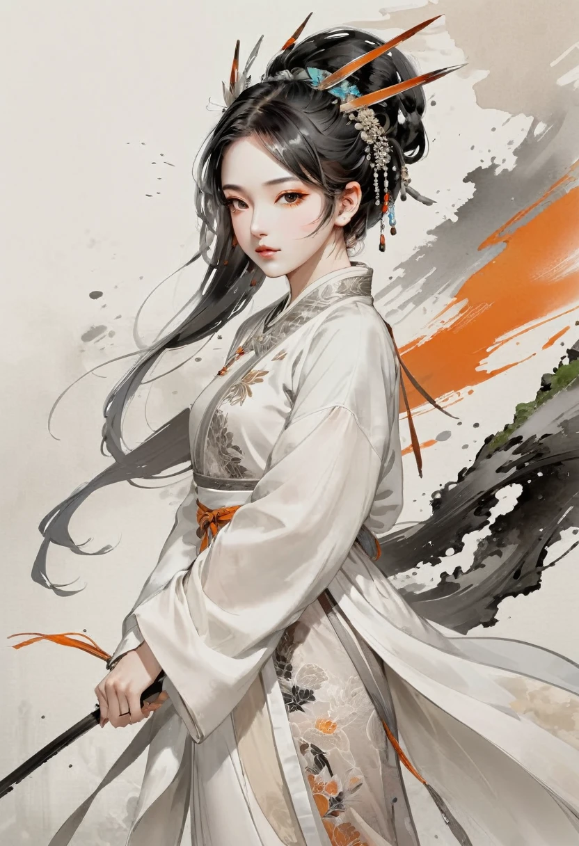 Gesichtsporträt von MeiyuCipher 1girl mit orangefarbener Spike-Aura in Bewegung, beschädigte chinesische Kleidung, schwebende Stücke, Trends auf ArtStation, scharfer Fokus, komplizierte Details, sehr detailliert, Detailliertes Gesicht (Tusche- und Aquarellmalerei, Pinselstriche, von Russ Mills und Yoji Shinkawa) beste Qualität, absurdesten, (negativer Raum) , (Aktionsmalerei:1.2),(Konkretismus:1.2),(hypermaximalistic:1.5),bunt,höchste Detailliertheit,weißer grauer Hintergrund, weißer Hanfu, gedämpfte Farbe， (Meisterwerk, Top Qualität, beste Qualität, offizielle Kunst, schön und ästhetisch:1.2),