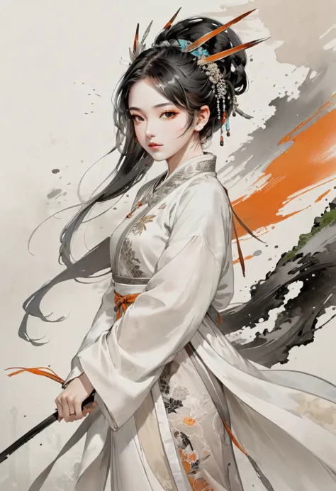 face portrait of MeiyuCipher 1girl orange spike aura in motion, damaged chinese clothes, floating pieces, trending on artstation...