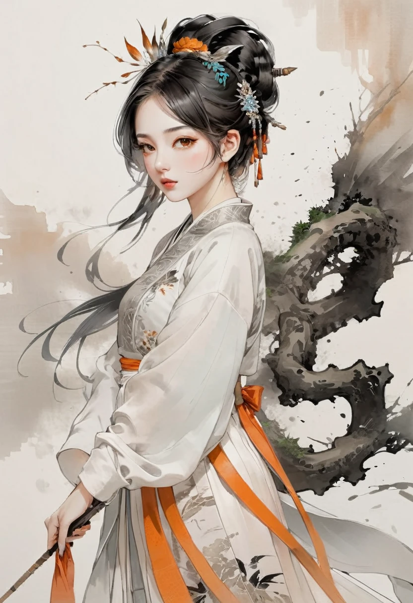 retrato do rosto de MeiyuCipher 1girl aura de pico laranja em movimento, roupas chinesas danificadas, peças flutuantes, tendências no artstation, foco nitído, detalhes intrincados, Altamente detalhado, rosto detalhado (pintura a tinta e aquarela, pinceladas, por Russ Mills e Yoji Shinkawa) melhor qualidade, absurdos, (espaço negativo) , (Ação de pintura:1.2),(concretism:1.2),(hipermaximalista:1.5),colorida,mais detalhado,Fundo cinza branco, Hanfu branco, cor suave， (obra de arte, qualidade superior, melhor qualidade, Arte oficial, bonito e estético:1.2),