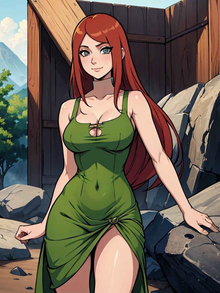 uzumaki_kushina, large_breasts, standing, solo, kushina_green_dress, navel, cleavage, obscene image ,masterpiece, best quality, detailed face, detailed eyes, highres, smile, (masterpiece:1.4, best quality:1.2), (Highres), (Detailed Illustration), Ultra-Detailed, konohagakure, uzumaki_kushina, kushina_green_dress, standing straight, looking in front,