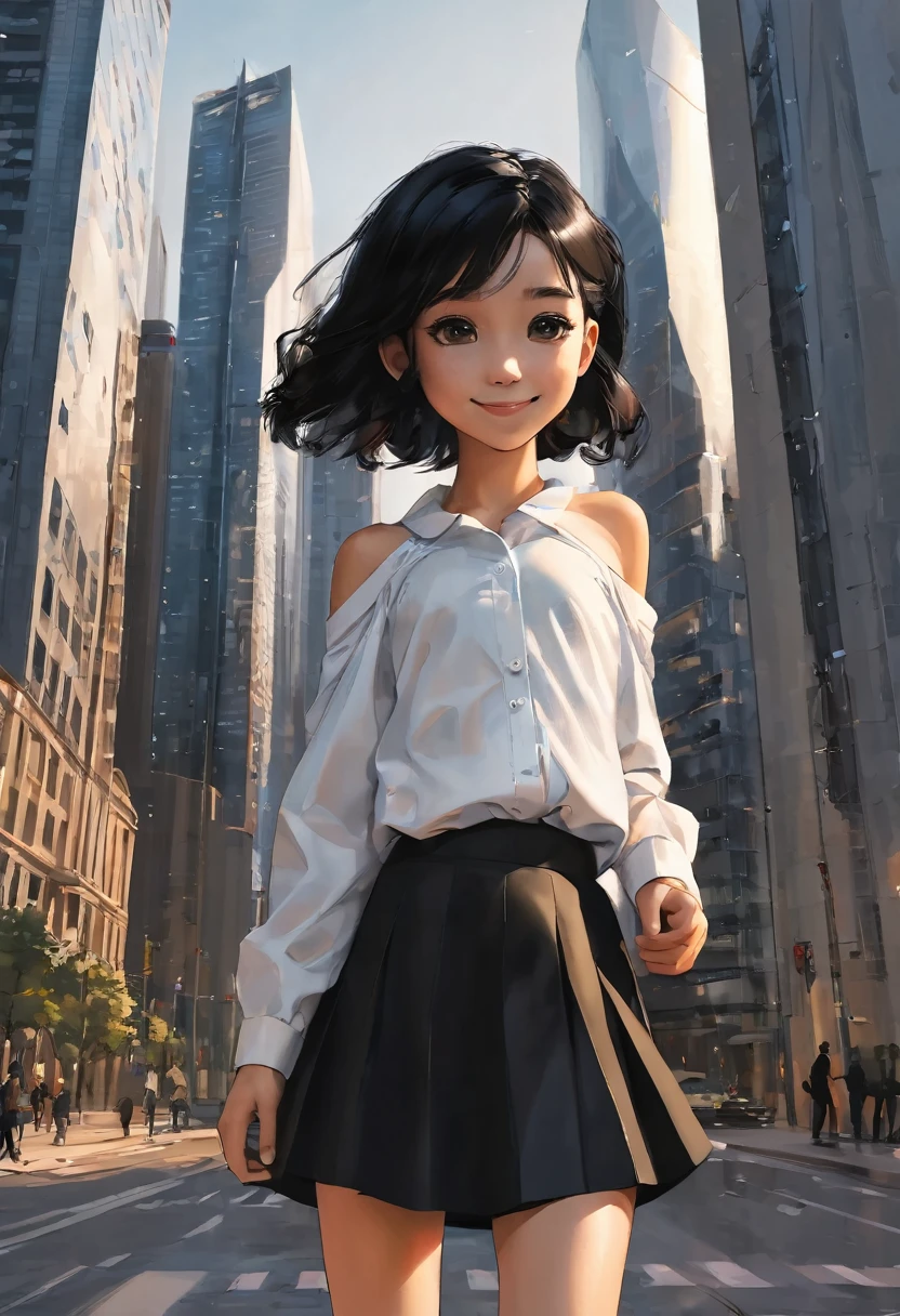 1 girl, negro_Skirt, black_Hair, building, City, Cityscape, Hair_intre_eyes, Jacket, looking_in_viewer, half_Hair, multicolor_Hair, multiple_children, evening, OFF_shoulder, outdoor, pleined_Skirt, Path, shirt, Skirt, skyscraper, SMILE, Alone_infocar, street, White_shirt