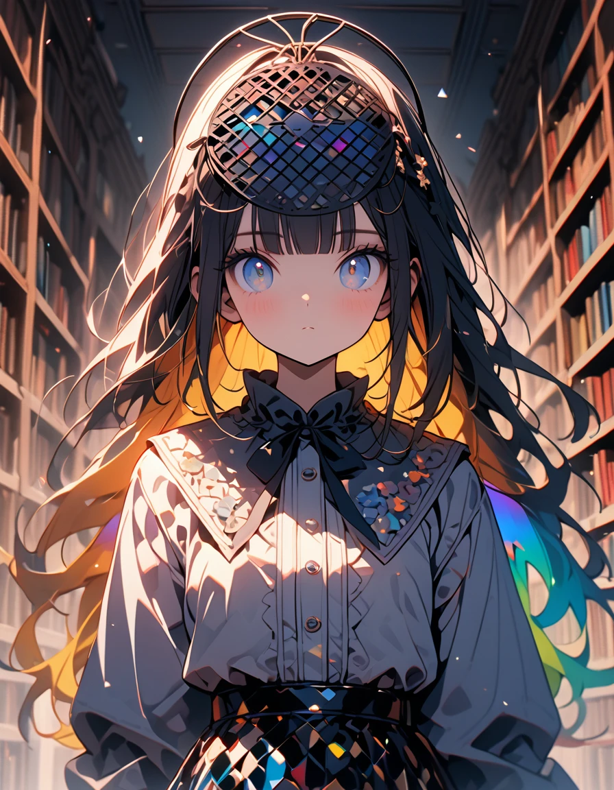 (8K, best quality, master piece: 1.2), super high resolution,1 girl,独奏,17yo,ultra-detailed face,detailed eyes,gradient eyes,blunt bangs,(rainbow hair),Straight Hair,Long Hair,long sleeve petal collar blouse,Fascinator,Sequin Knee-Length Skirt,expressionless,lash extension,Small mouth,Standing in front of a bookshelf,upper body,Rim Light,library