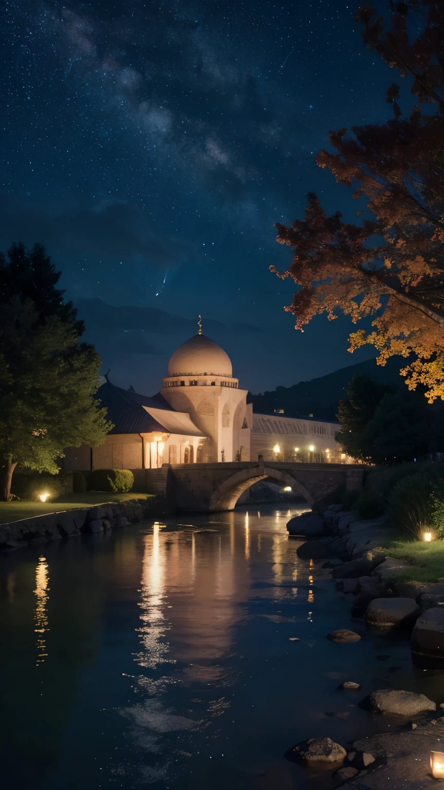 mezquita, hermoso, exterior, árboles, chica sexy, Río, noche, (((estrellas en el cielo)))