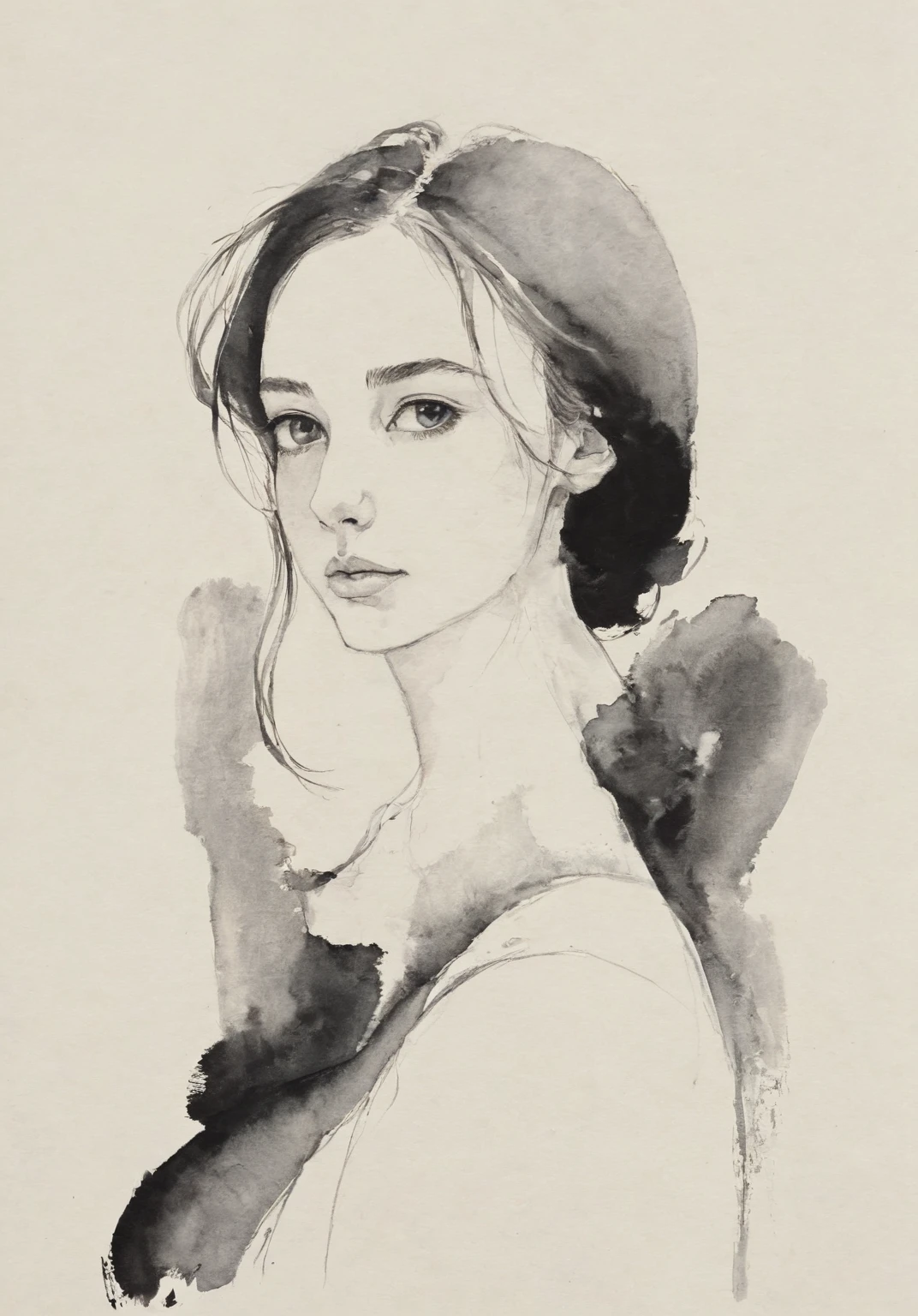 (best quality, highres, masterpiece:1.2), ultra-detailed, realistic:1.37, black ink sketches, smooth lines, expressive facial expressions and postures, minimalistic background, emphasis on light and shadow and spatial perception, abundant negative space, young girl.ink portrait,smooth flowing lines,expressive facial features,delicate emotions,contrast of ink intensity,simple background,emphasis on light and shadow,spaciousness,abundant negative space,peaceful ambiance,serene atmosphere,dreamy mood,subtle yet captivating details,subdued colors,calm and introspective,graceful posture,gentle movements,tender and innocent,whisper of elegance,quiet elegance,radiant glow,sublime beauty,vector illustration,black and white,natural and organic,nurturing and calming,sublime simplicity,ethereal charm.