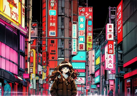 taiga aisaka standing on the street in tokyo, (night), winter, (neon lights), vhs, vintage, manga style, snow, black background,...