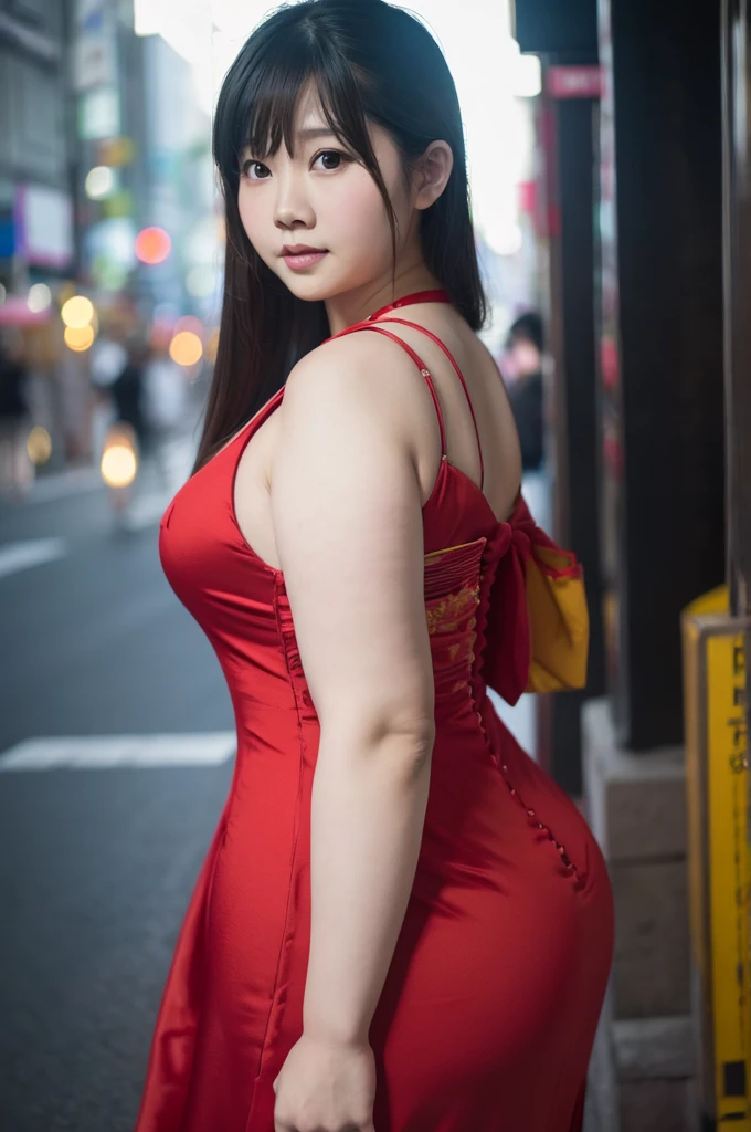 1 woman, overweight, chinese dress, extremely fat, chubby, Japanese, 4K, high resolution, masterpiece, best quality, good skin, sharp focus, (movie lights)