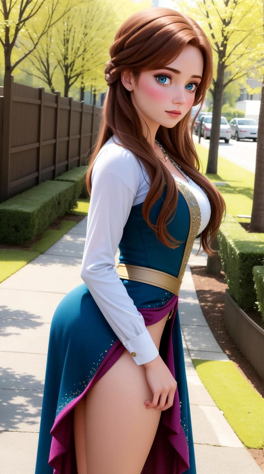 female, ((masterpiece, best quality)), detailed skin, very detailed, movie lights, extremely realistic, blush, looking at viewer,  Anna, Anna from frozen, princess, Disney, brown hair, long hair, portrait, outdoor, eye,  split,  big bust,  wide hips, full body view, tall, 
skirt, miniskirt, microskirt, pleated skirt, thighs,