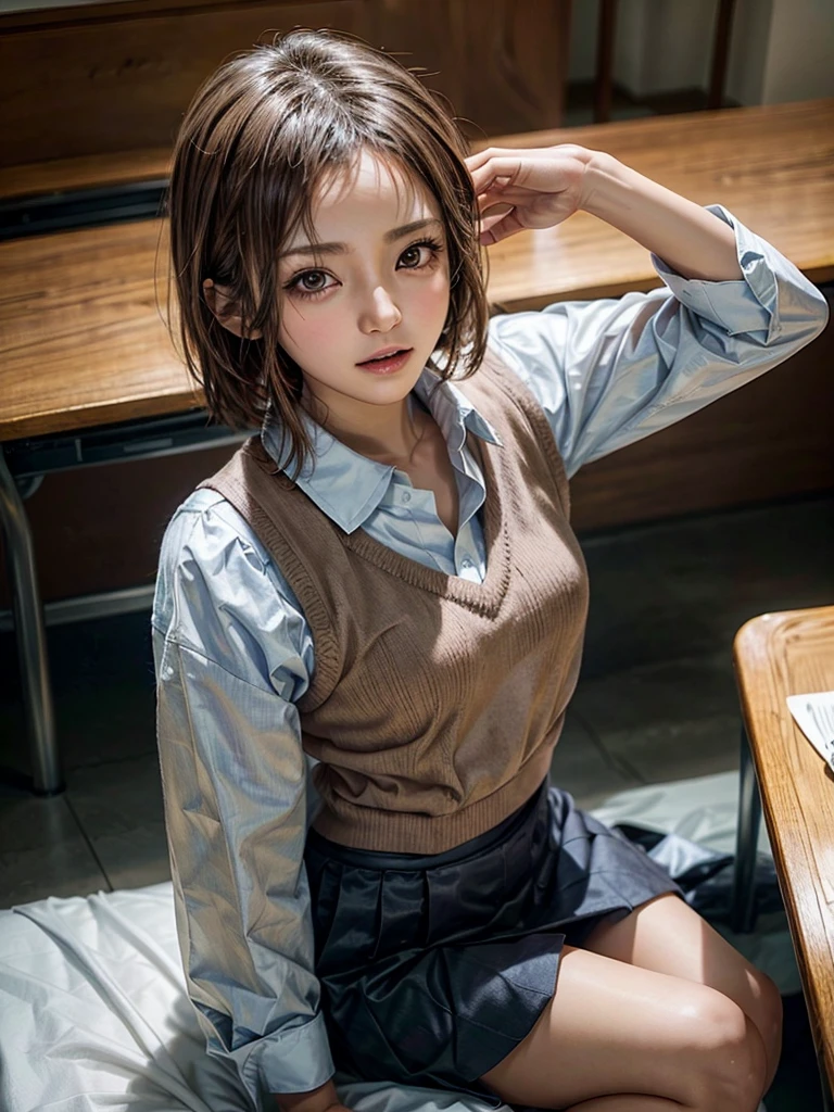 Masterpiece, Top Quality, Top Mikoto, brown eyes, short hair, small breasts, looking at viewer, alone, closed mouth, collared shirt, beige knit vest, dark blue  Skirt, school_uniform, shirt, white_shirt, classroom,Masterpiece, highest quality, 8K, detailed skin texture, fine cloth texture, beautiful detailed face, intricate details, super detailed,cute,cute posing,composition that shows the whole body,