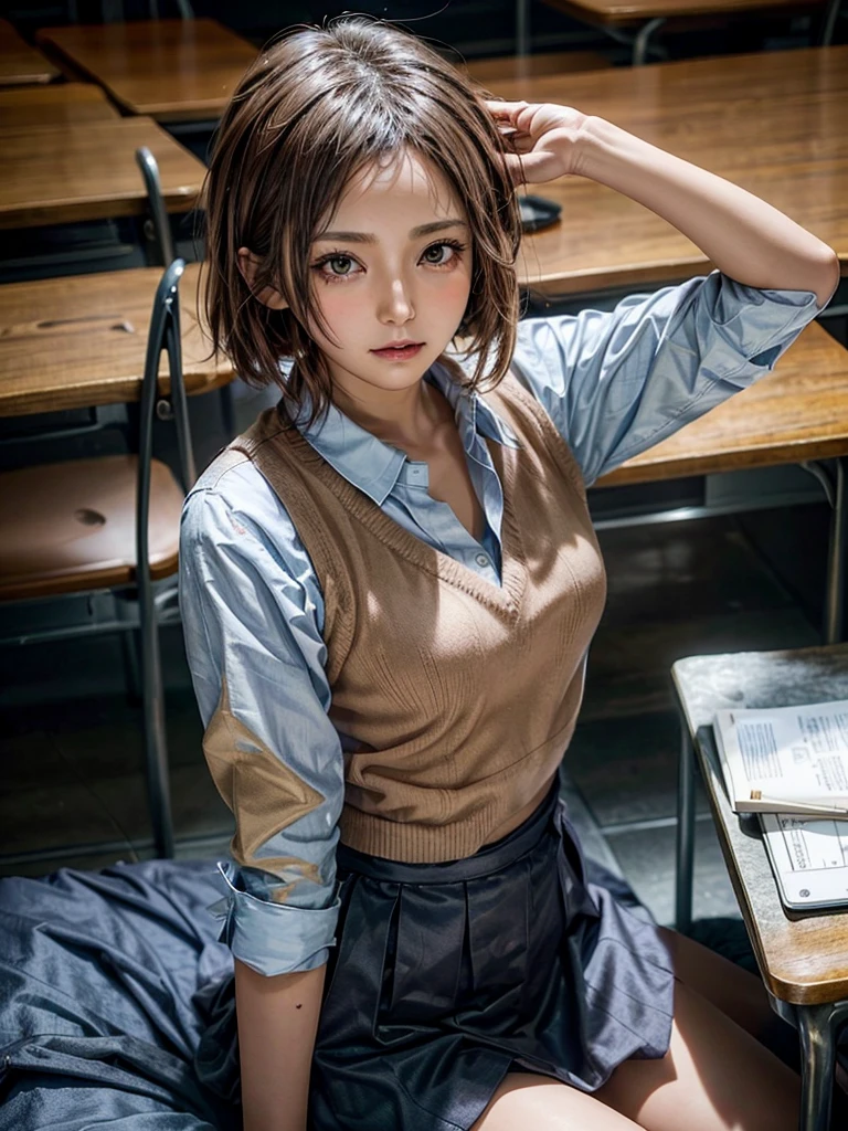 Masterpiece, Top Quality, Top Mikoto, brown eyes, short hair, small breasts, looking at viewer, alone, closed mouth, collared shirt, beige knit vest, dark blue  Skirt, school_uniform, shirt, white_shirt, classroom,Masterpiece, highest quality, 8K, detailed skin texture, fine cloth texture, beautiful detailed face, intricate details, super detailed,cute,cute posing,composition that shows the whole body,