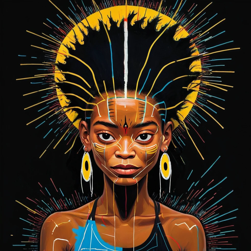 Dark Light Art ，with black background，Tibetan women，Jean-Michel Basquiat (Jean-Michel Basquiat) stylised, character concept design, halfbody，