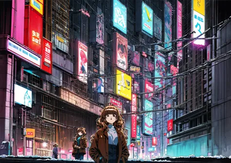 taiga aisaka standing on the street in tokyo, (night), winter, (neon lights), vhs, vintage, manga style, snow, black background,...