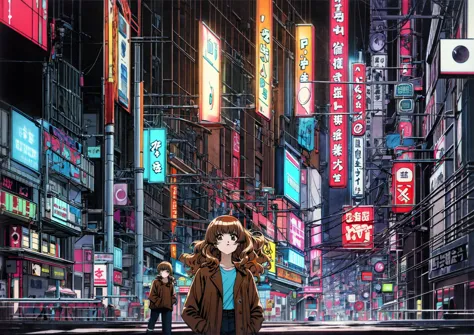 taiga aisaka standing on the street in tokyo, (night), winter, (neon lights), vhs, vintage, manga style, snow, black background,...