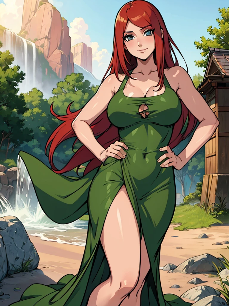 uzumaki_kushina,very large_breasts,large_ass,large_thighs standing, solo, kushina_green_dress, navel, cleavage ,masterpiece, best quality, detailed face, detailed eyes, highres, smile, (masterpiece:1.4, best quality:1.2), (Highres), (Detailed Illustration), Ultra-Detailed, konohagakure, uzumaki_kushina, kushina_green_dress, standing straight, looking in front,