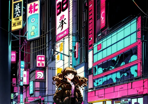 taiga aisaka standing on the street in tokyo, (night), winter, (neon lights), vhs, vintage, manga style, snow, black background,...